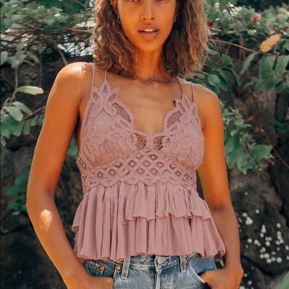 Free People Adella Cami Mauve Pink Lace Ruffle Tank Top Women’s Size M - Picture 4 of 6